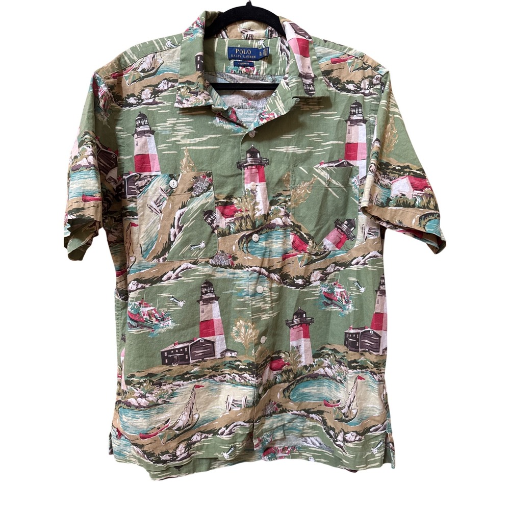 Polo Ralph Lauren Lighthouse Nautical Print Linen Cotton Shirt Mens XL Green